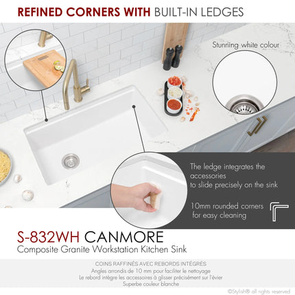 STYLISH 32 inch Dual Mount  Workstation Single Bowl White Composite Granite Kitchen Sink with Built in Accessories S-832WH - Plumbing Market