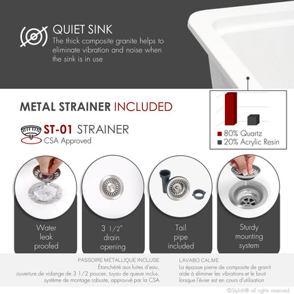 STYLISH 32 inch Dual Mount  Workstation Single Bowl White Composite Granite Kitchen Sink with Built in Accessories S-832WH - Plumbing Market