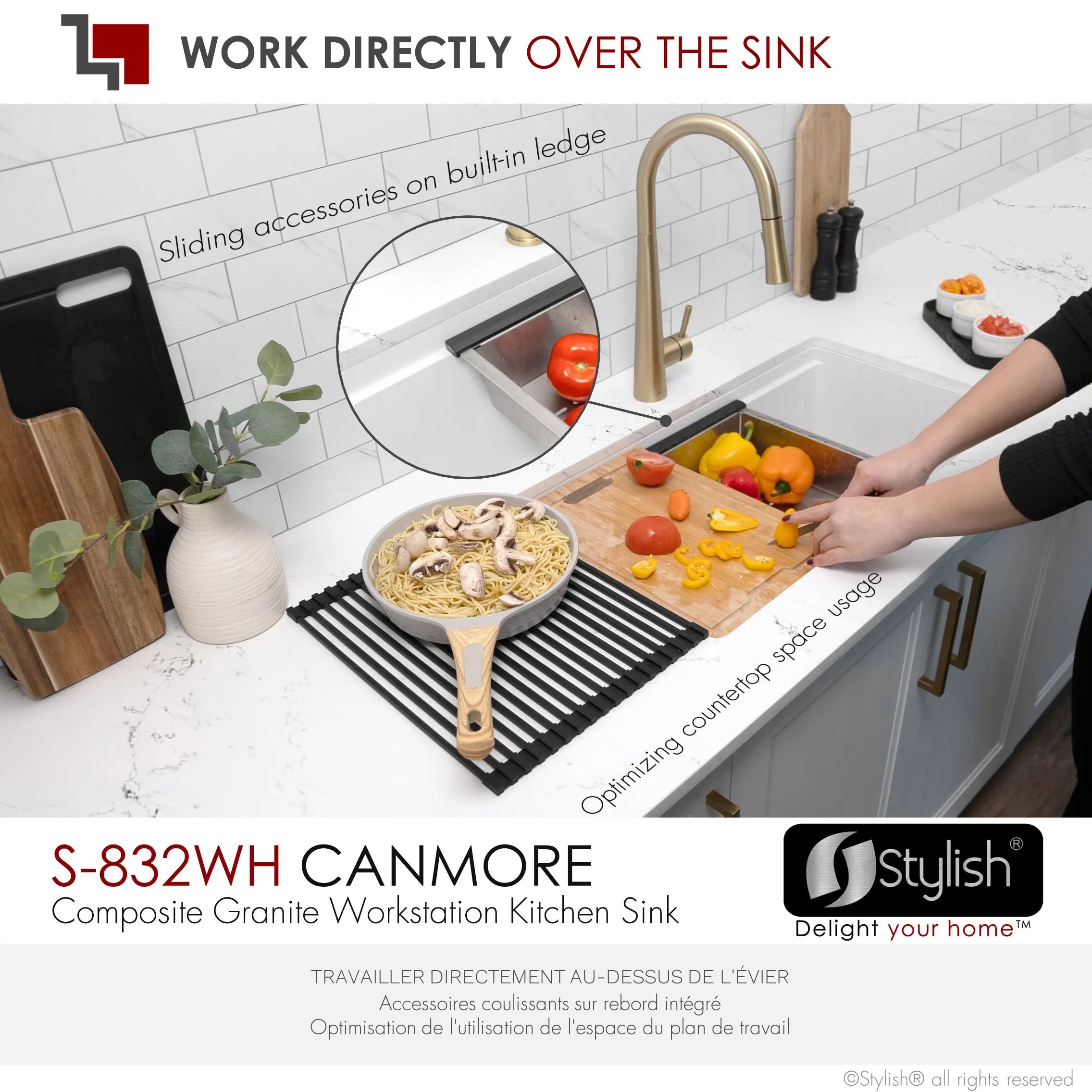 STYLISH 32 inch Dual Mount  Workstation Single Bowl White Composite Granite Kitchen Sink with Built in Accessories S-832WH - Plumbing Market
