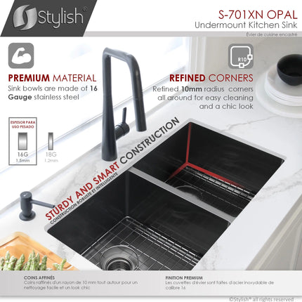 STYLISH 32 inch Graphite Double Bowl Undermount Stainless Steel Kitchen Sink S-701XN - Plumbing Market
