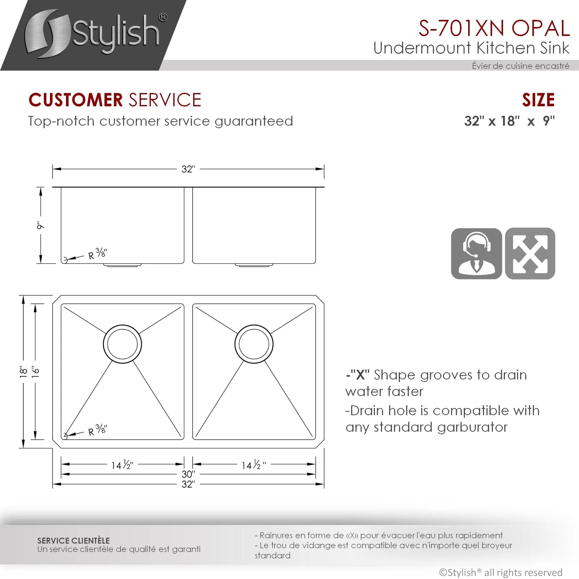 STYLISH 32 inch Graphite Double Bowl Undermount Stainless Steel Kitchen Sink S-701XN - Plumbing Market
