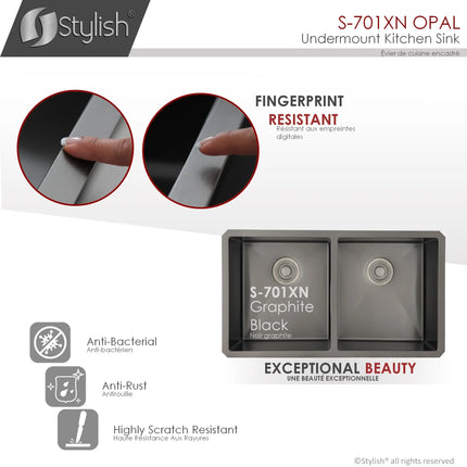 STYLISH 32 inch Graphite Double Bowl Undermount Stainless Steel Kitchen Sink S-701XN - Plumbing Market