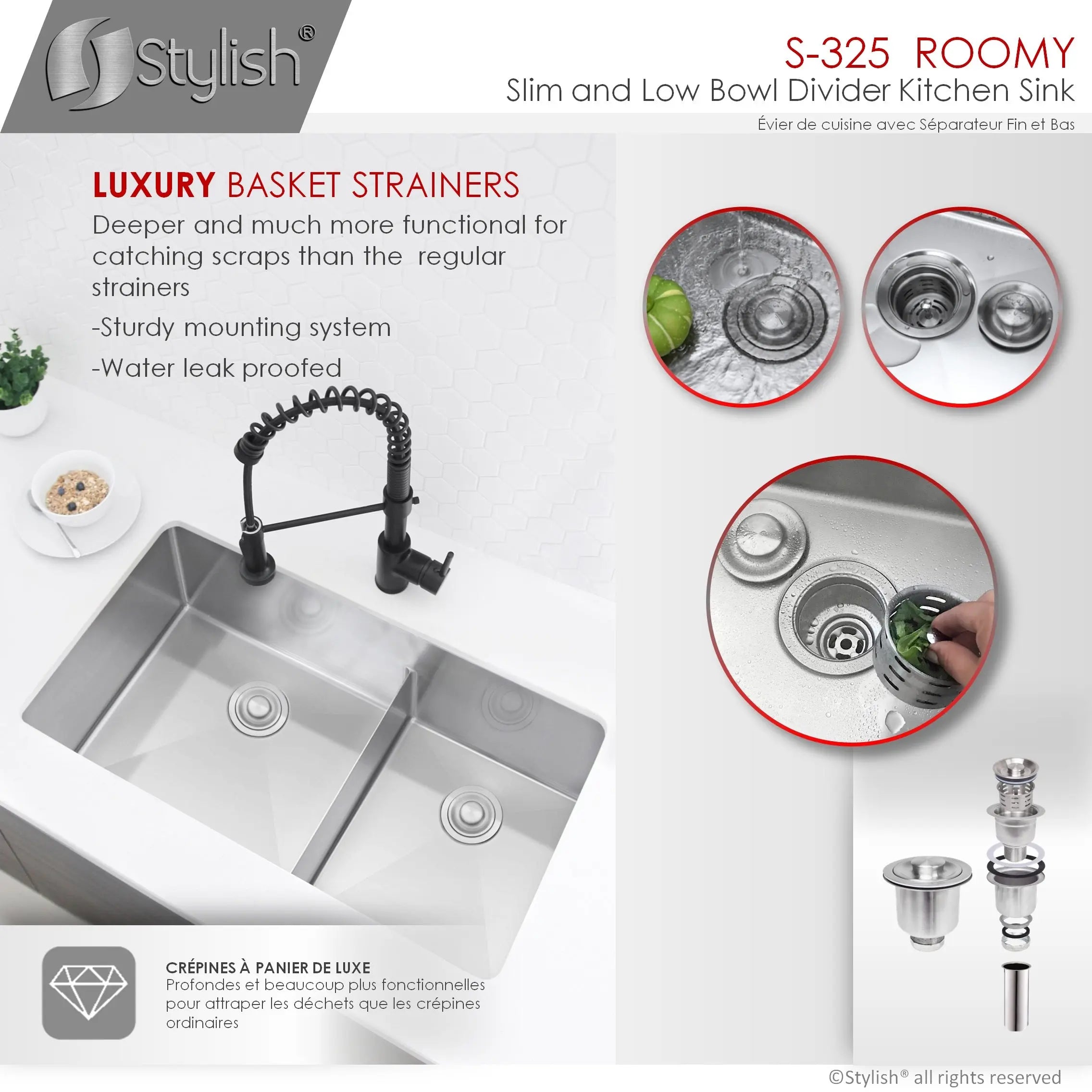 STYLISH 32 inch Low Divider 60-40 Double Bowl Undermount Stainless Steel Kitchen Sink S-325XG - Plumbing Market