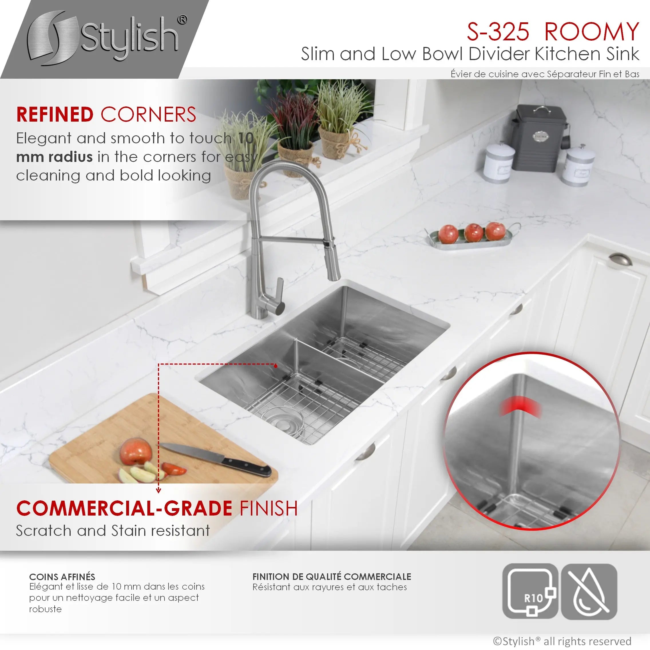 STYLISH 32 inch Low Divider 60-40 Double Bowl Undermount Stainless Steel Kitchen Sink S-325XG - Plumbing Market