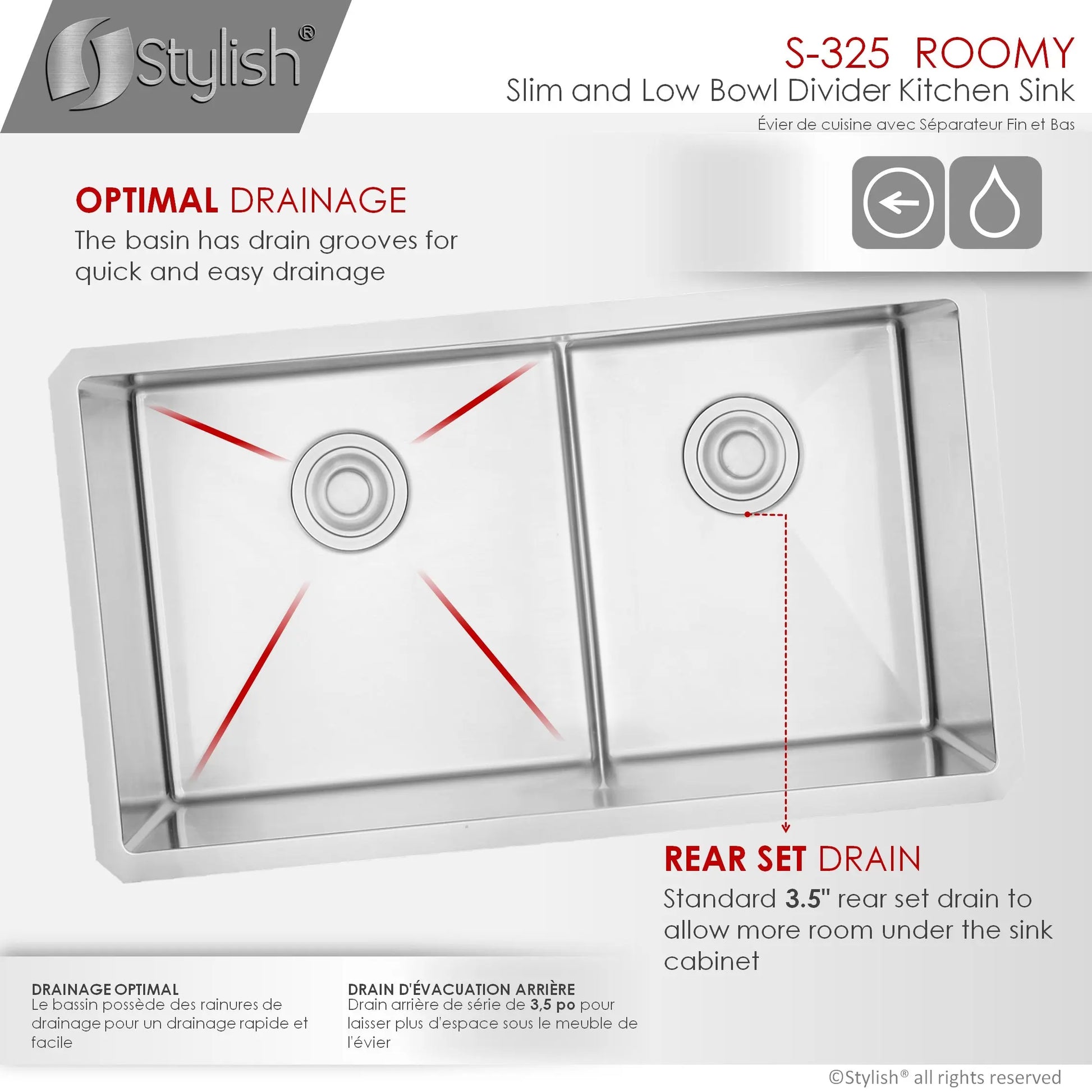 STYLISH 32 inch Low Divider 60-40 Double Bowl Undermount Stainless Steel Kitchen Sink S-325XG - Plumbing Market
