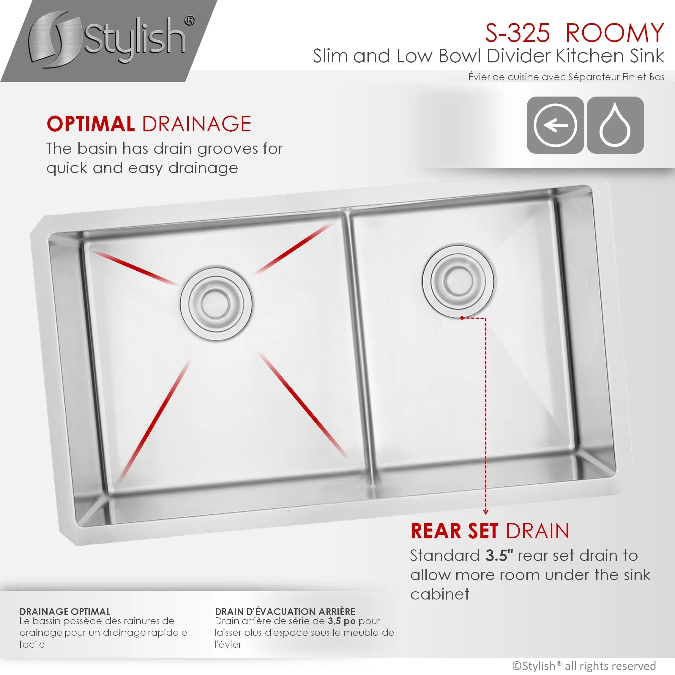 STYLISH 32 inch Low Divider 60-40 Double Bowl Undermount Stainless Steel Kitchen Sink S-325XG - Plumbing Market