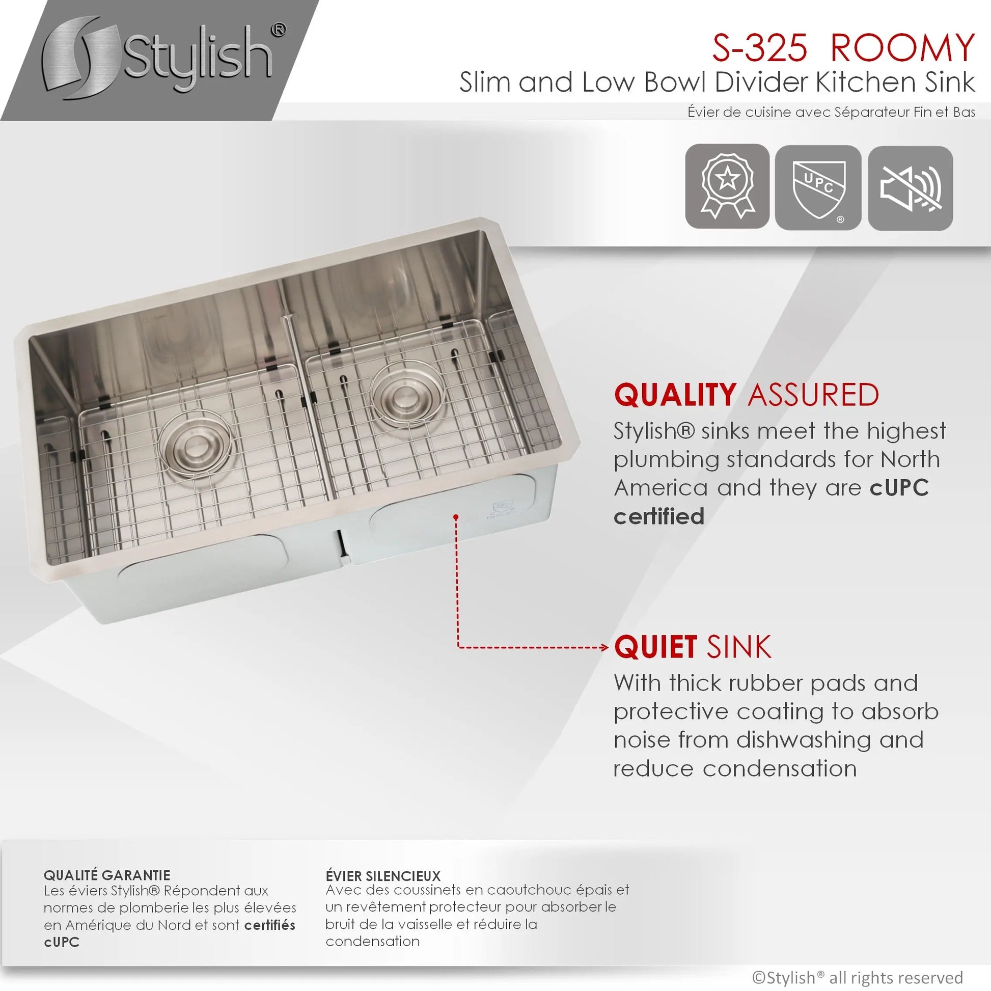 STYLISH 32 inch Low Divider 60-40 Double Bowl Undermount Stainless Steel Kitchen Sink S-325XG - Plumbing Market
