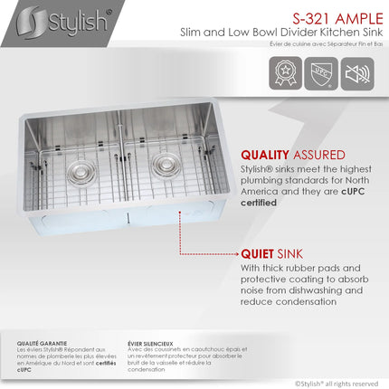 STYLISH 32 inch Slim Low Divider Double Bowl Undermount Stainless Steel Kitchen Sink S-321XG - Plumbing Market