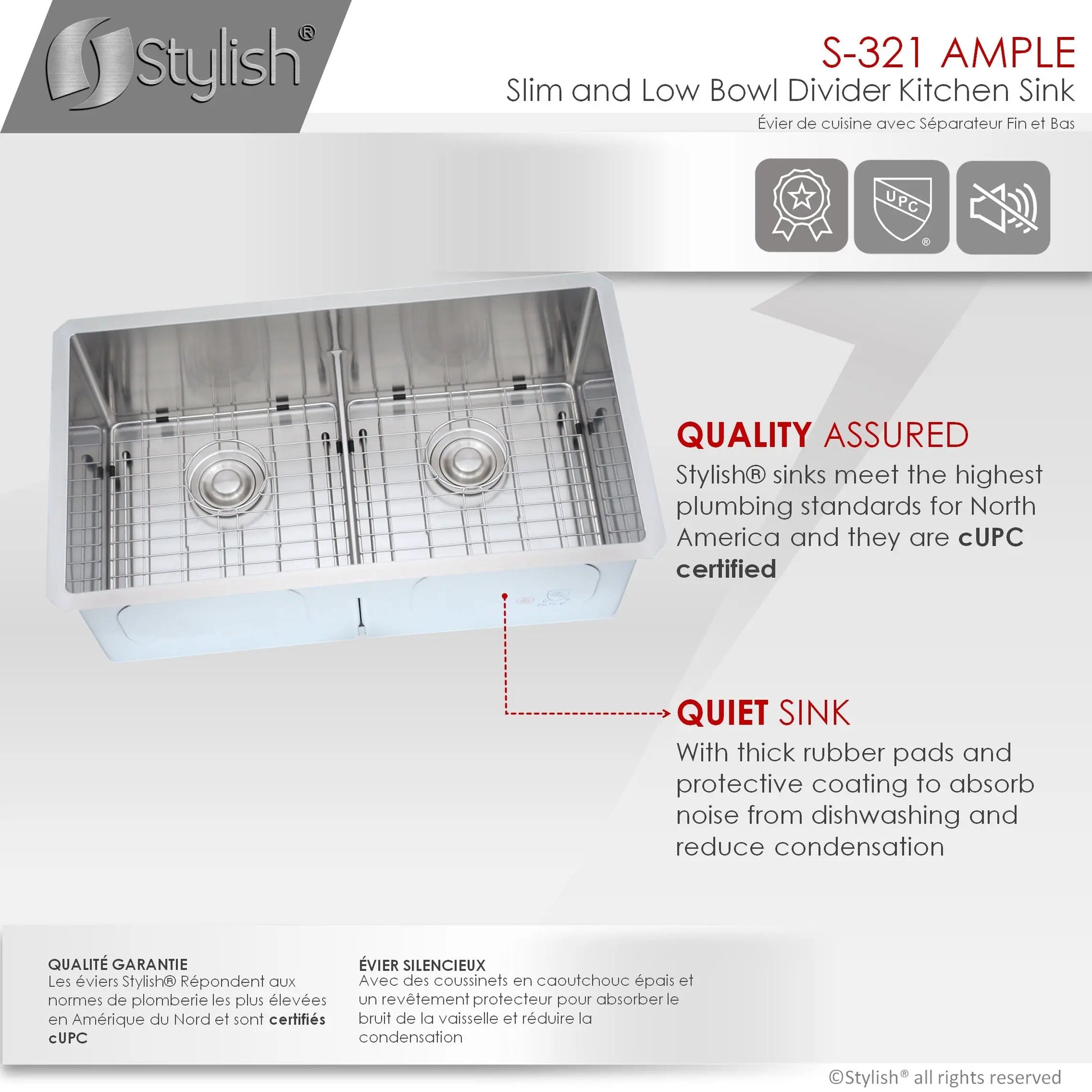 STYLISH 32 inch Slim Low Divider Double Bowl Undermount Stainless Steel Kitchen Sink S-321XG - Plumbing Market