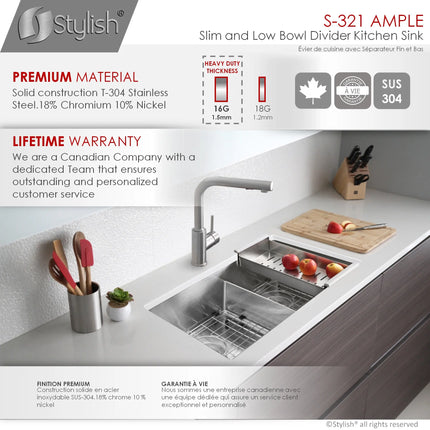 STYLISH 32 inch Slim Low Divider Double Bowl Undermount Stainless Steel Kitchen Sink S-321XG - Plumbing Market