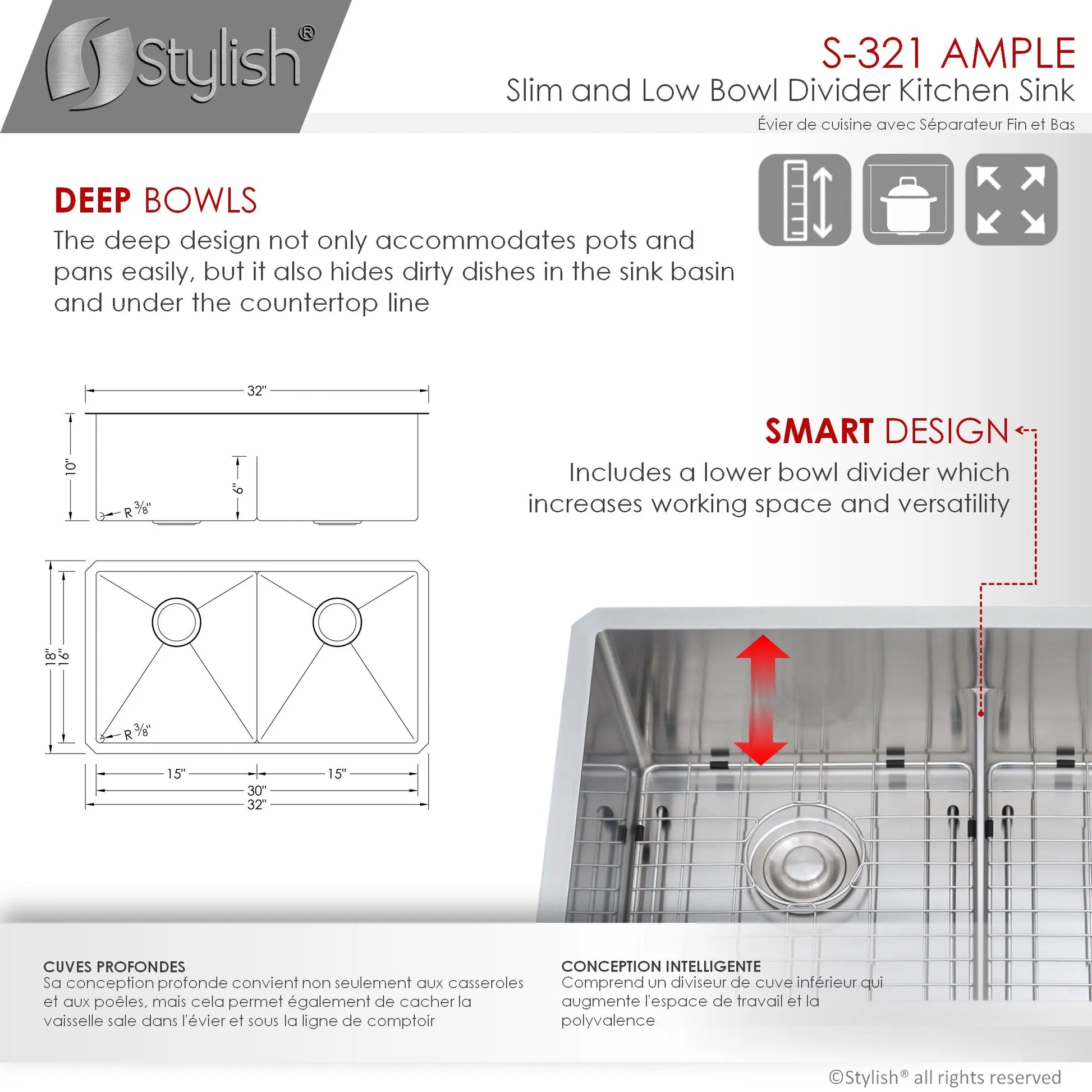 STYLISH 32 inch Slim Low Divider Double Bowl Undermount Stainless Steel Kitchen Sink S-321XG - Plumbing Market