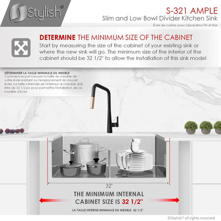 STYLISH 32 inch Slim Low Divider Double Bowl Undermount Stainless Steel Kitchen Sink S-321XG - Plumbing Market