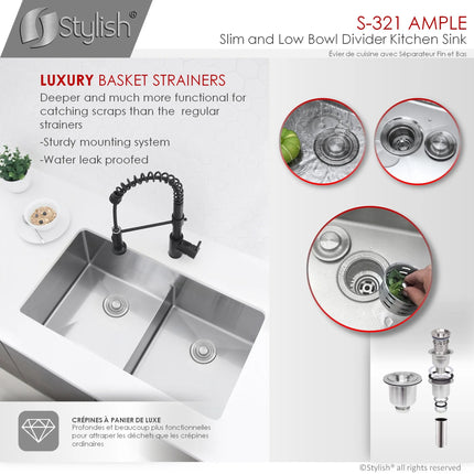 STYLISH 32 inch Slim Low Divider Double Bowl Undermount Stainless Steel Kitchen Sink S-321XG - Plumbing Market