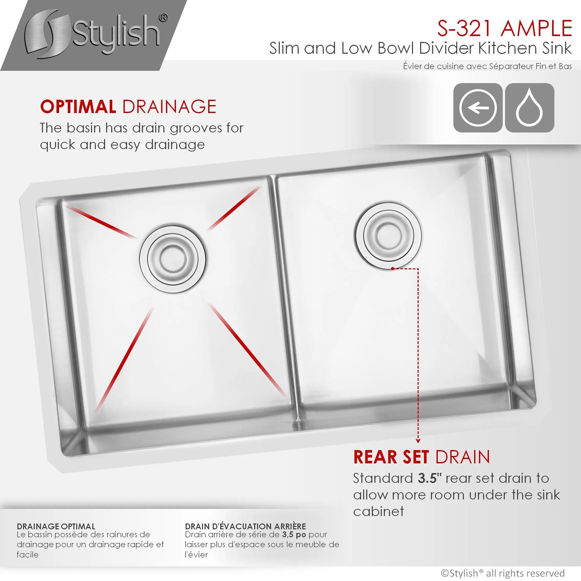 STYLISH 32 inch Slim Low Divider Double Bowl Undermount Stainless Steel Kitchen Sink S-321XG - Plumbing Market