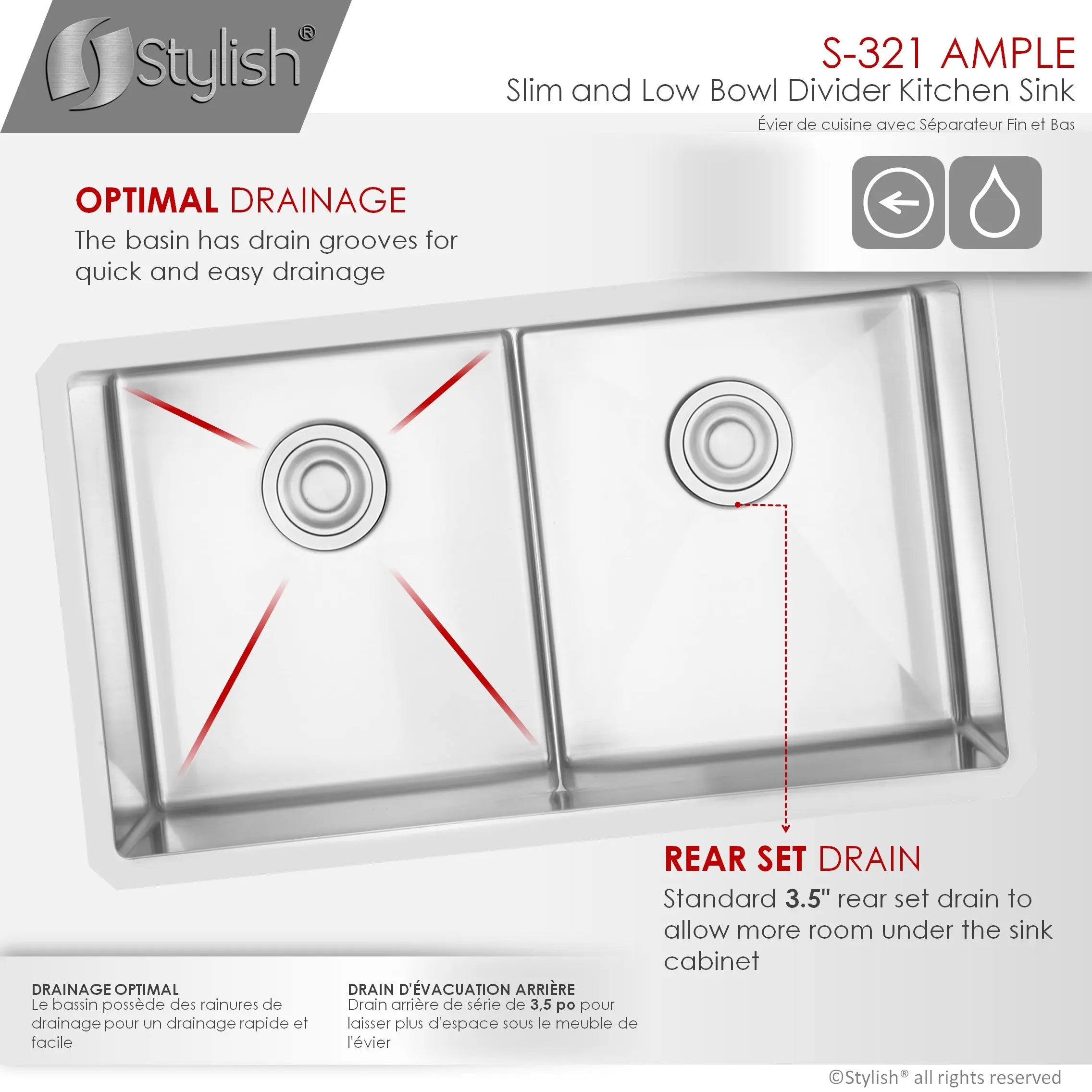 STYLISH 32 inch Slim Low Divider Double Bowl Undermount Stainless Steel Kitchen Sink S-321XG - Plumbing Market