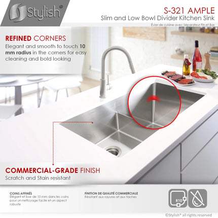 STYLISH 32 inch Slim Low Divider Double Bowl Undermount Stainless Steel Kitchen Sink S-321XG - Plumbing Market