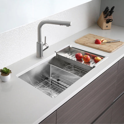 STYLISH 32 inch Slim Low Divider Double Bowl Undermount Stainless Steel Kitchen Sink S-321XG - Plumbing Market