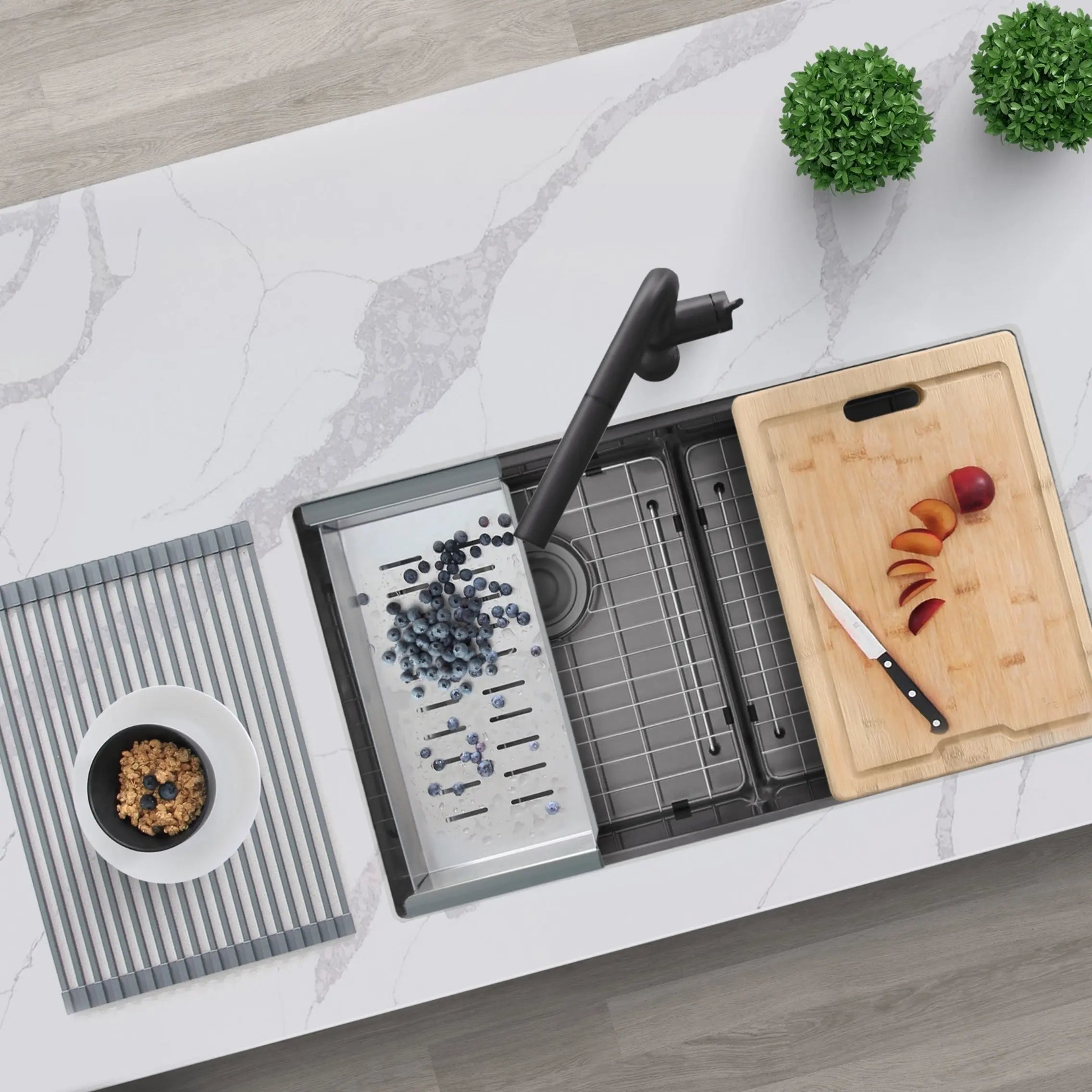 STYLISH 32 inch Workstation Double Bowl Undermount 16 Gauge Stainless Steel Kitchen Sink with Built in Accessories in Graphite Black S-601WN S-601WN - Plumbing Market