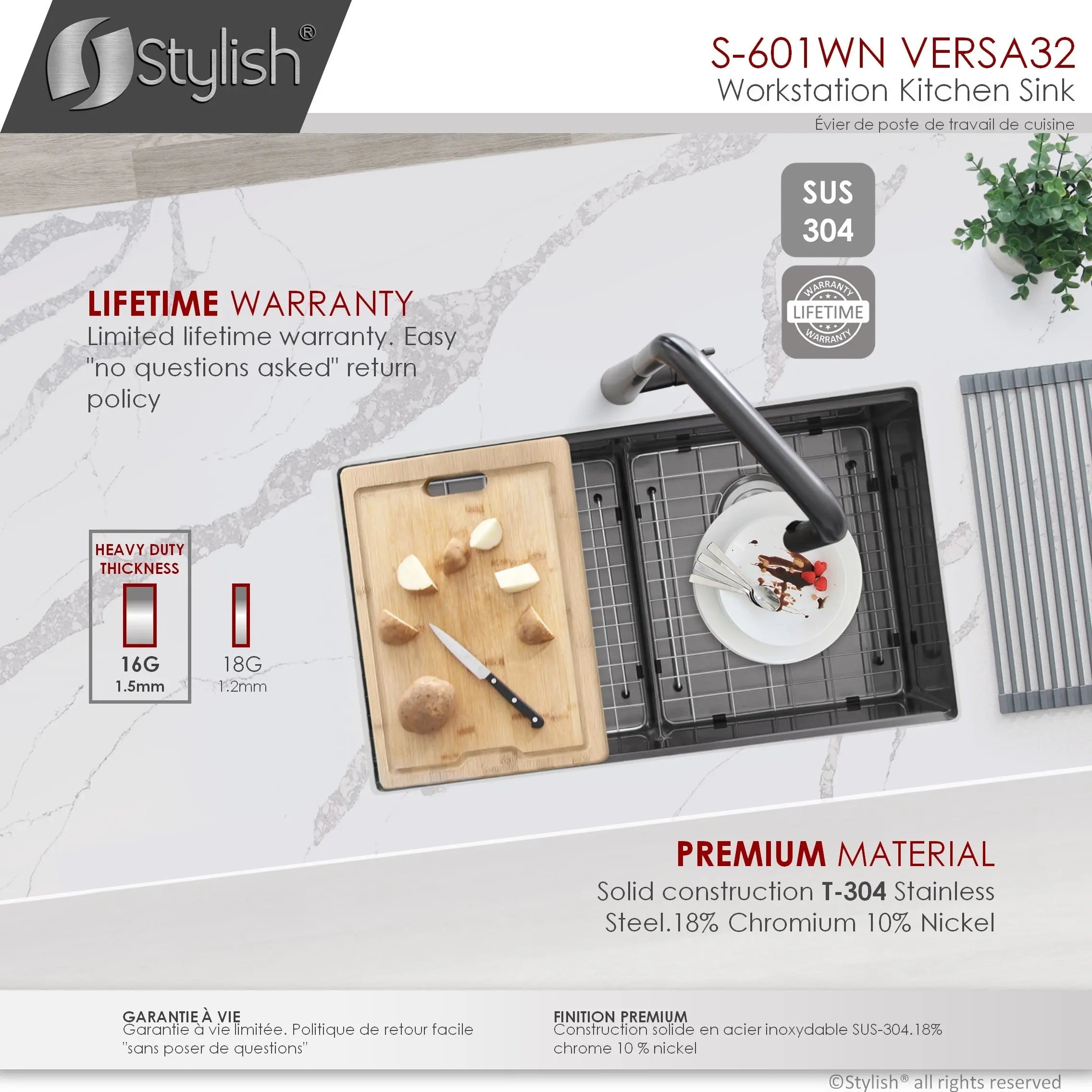 STYLISH 32 inch Workstation Double Bowl Undermount 16 Gauge Stainless Steel Kitchen Sink with Built in Accessories in Graphite Black S-601WN S-601WN - Plumbing Market