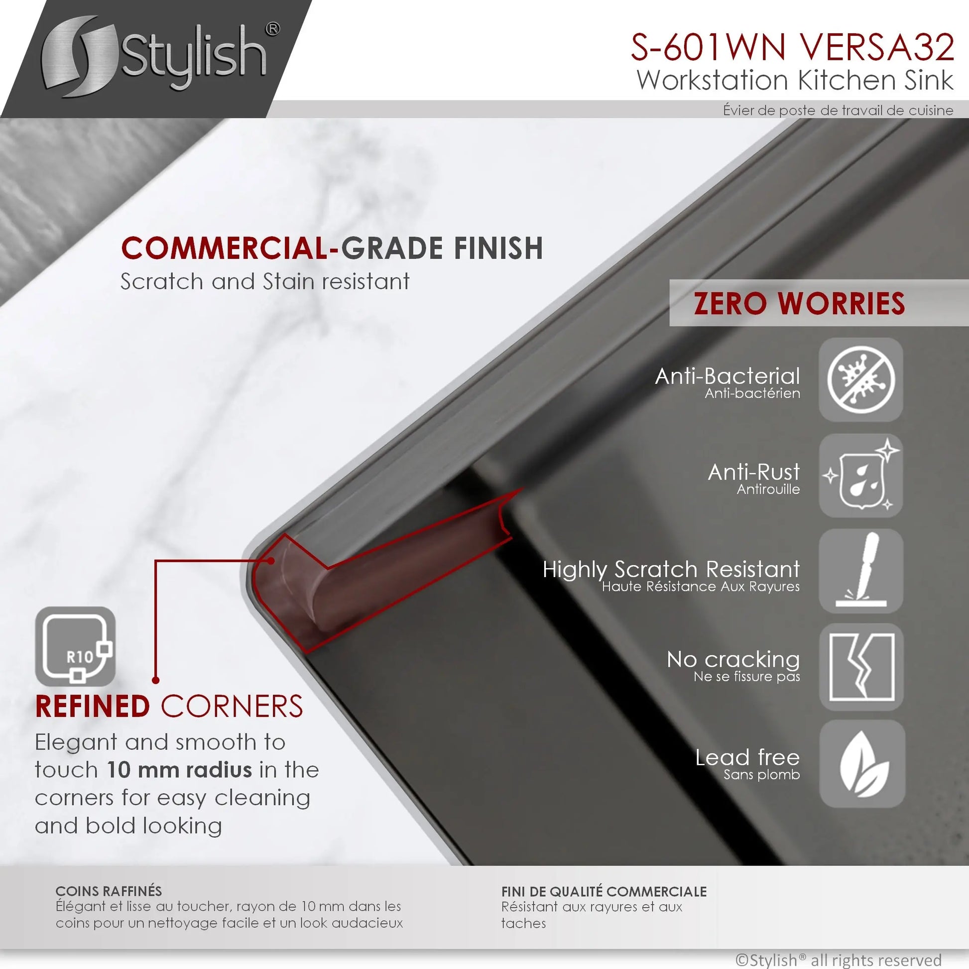 STYLISH 32 inch Workstation Double Bowl Undermount 16 Gauge Stainless Steel Kitchen Sink with Built in Accessories in Graphite Black S-601WN S-601WN - Plumbing Market