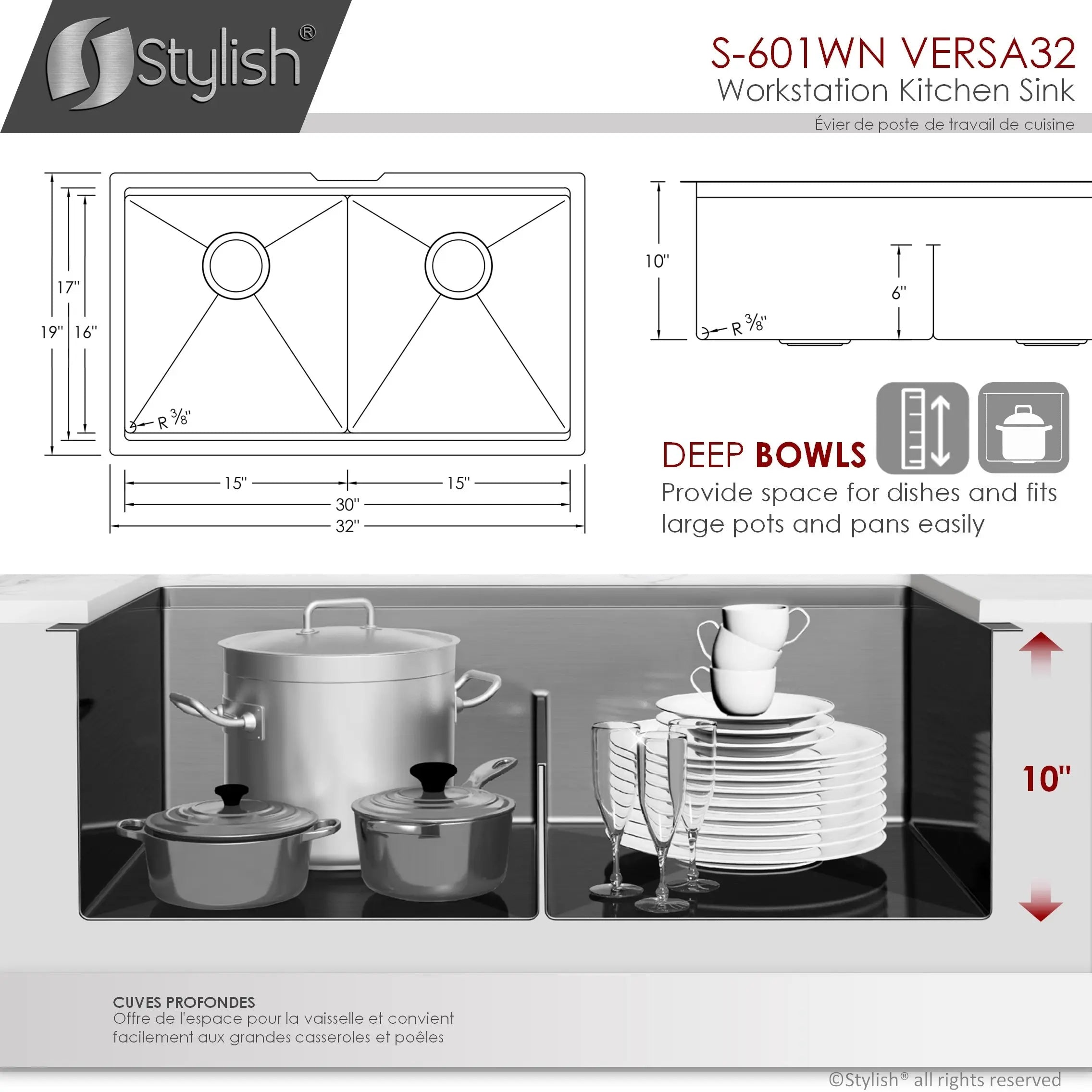 STYLISH 32 inch Workstation Double Bowl Undermount 16 Gauge Stainless Steel Kitchen Sink with Built in Accessories in Graphite Black S-601WN S-601WN - Plumbing Market
