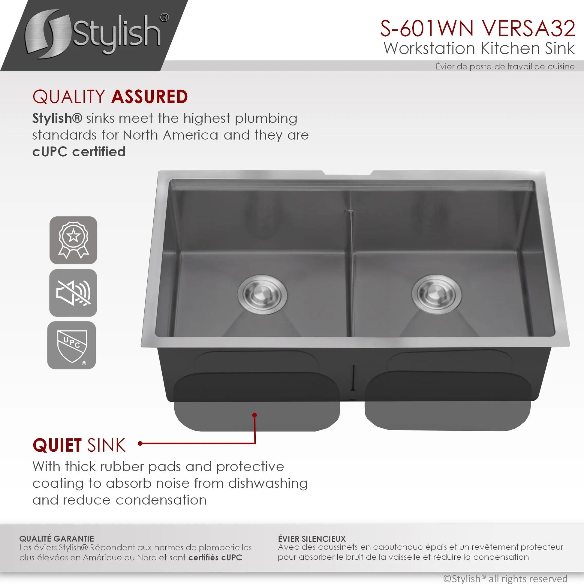 STYLISH 32 inch Workstation Double Bowl Undermount 16 Gauge Stainless Steel Kitchen Sink with Built in Accessories in Graphite Black S-601WN S-601WN - Plumbing Market
