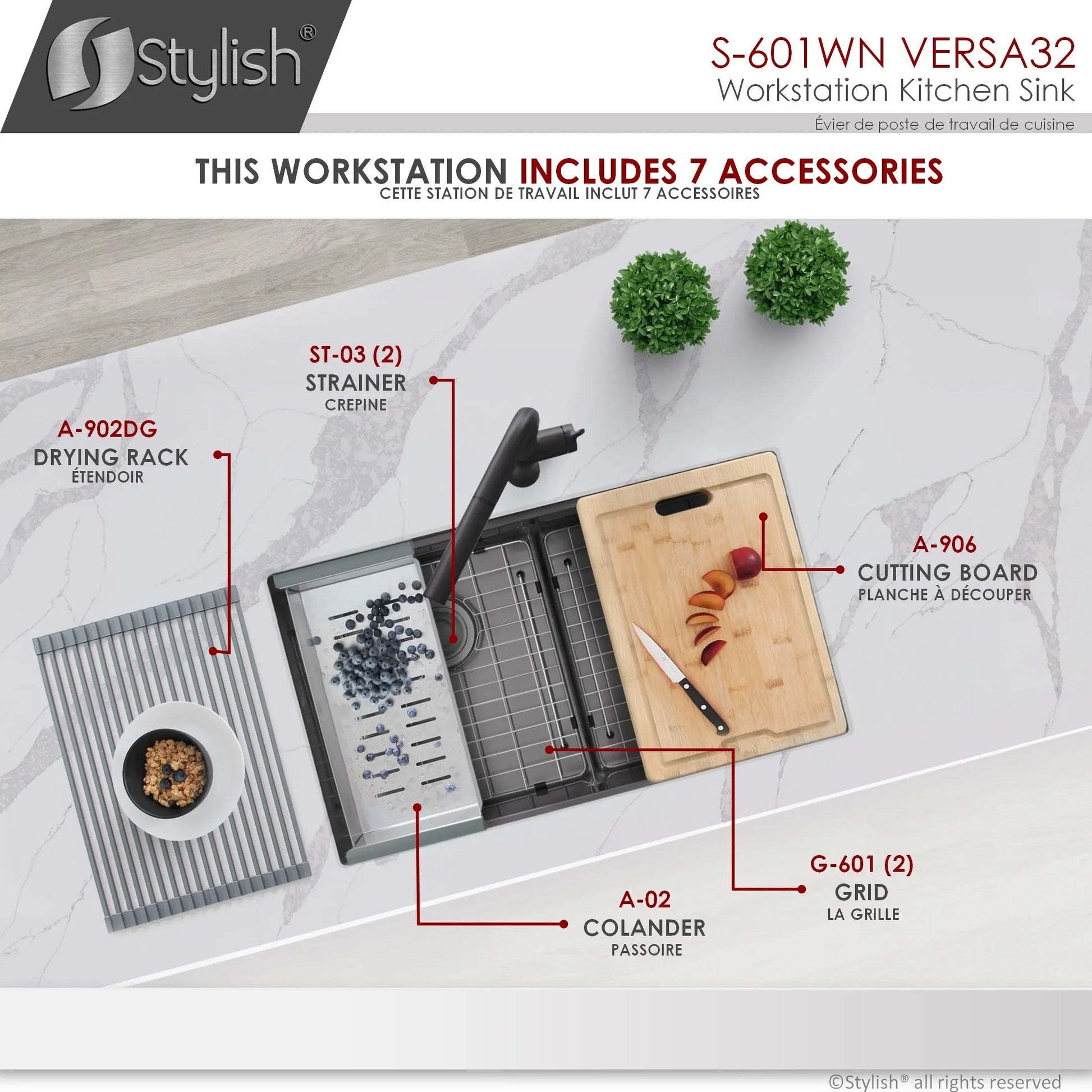 STYLISH 32 inch Workstation Double Bowl Undermount 16 Gauge Stainless Steel Kitchen Sink with Built in Accessories in Graphite Black S-601WN S-601WN - Plumbing Market