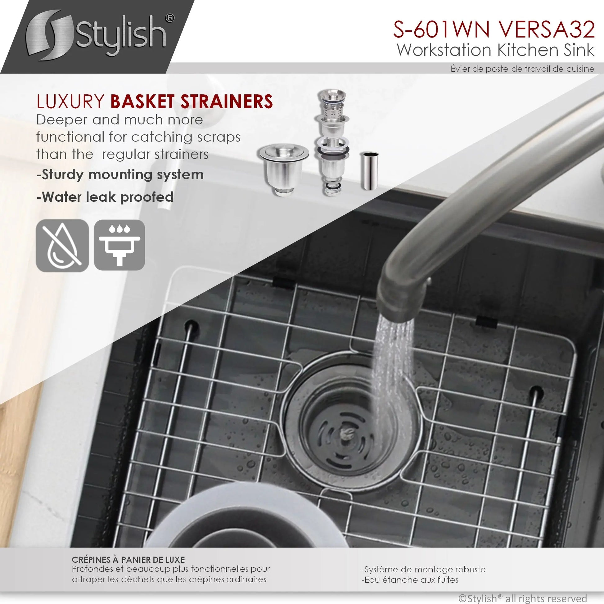 STYLISH 32 inch Workstation Double Bowl Undermount 16 Gauge Stainless Steel Kitchen Sink with Built in Accessories in Graphite Black S-601WN S-601WN - Plumbing Market