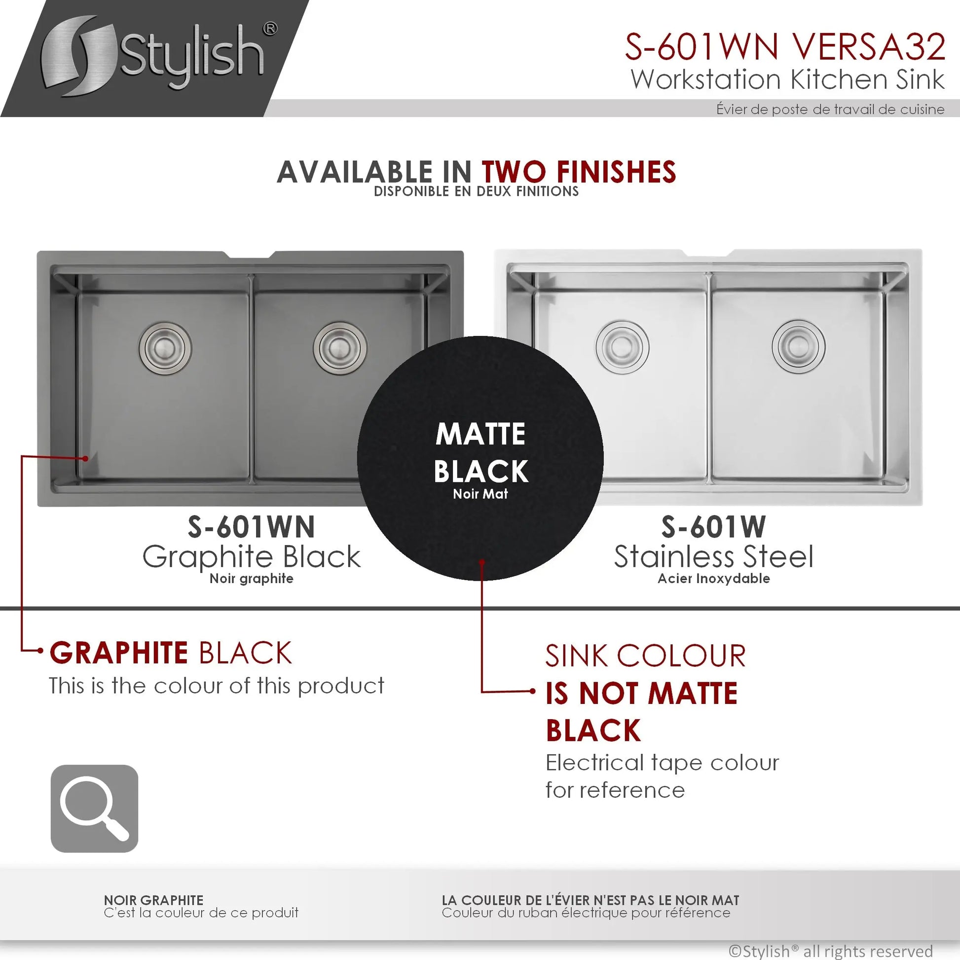 STYLISH 32 inch Workstation Double Bowl Undermount 16 Gauge Stainless Steel Kitchen Sink with Built in Accessories in Graphite Black S-601WN S-601WN - Plumbing Market