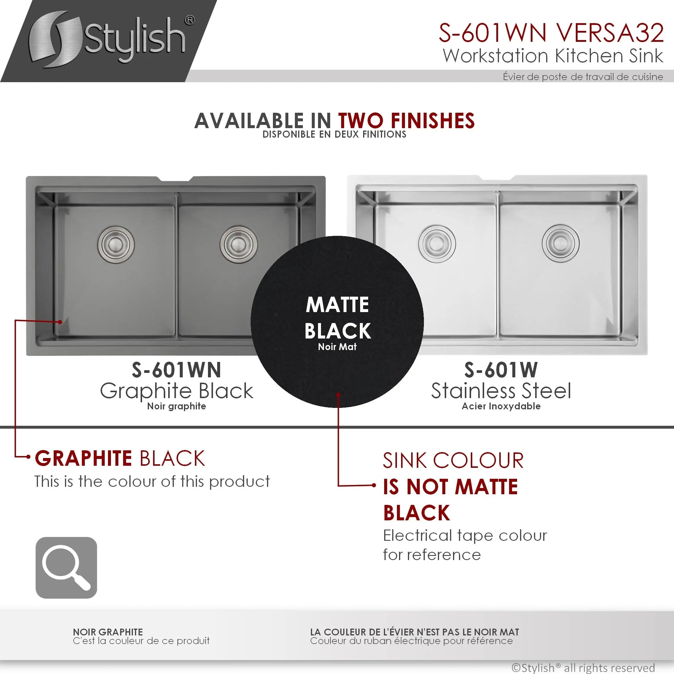 STYLISH 32 inch Workstation Double Bowl Undermount 16 Gauge Stainless Steel Kitchen Sink with Built in Accessories in Graphite Black S-601WN S-601WN - Plumbing Market