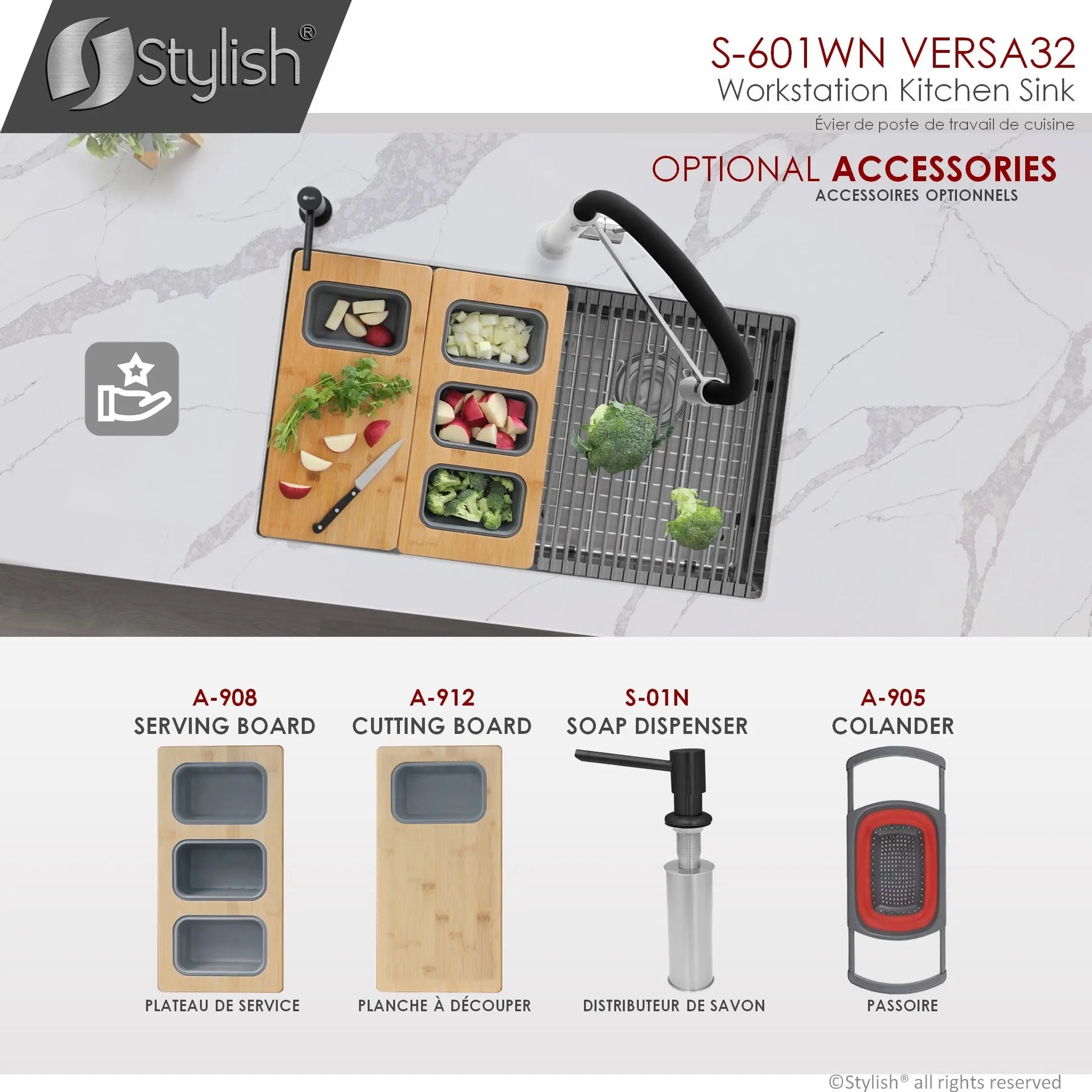 STYLISH 32 inch Workstation Double Bowl Undermount 16 Gauge Stainless Steel Kitchen Sink with Built in Accessories in Graphite Black S-601WN S-601WN - Plumbing Market