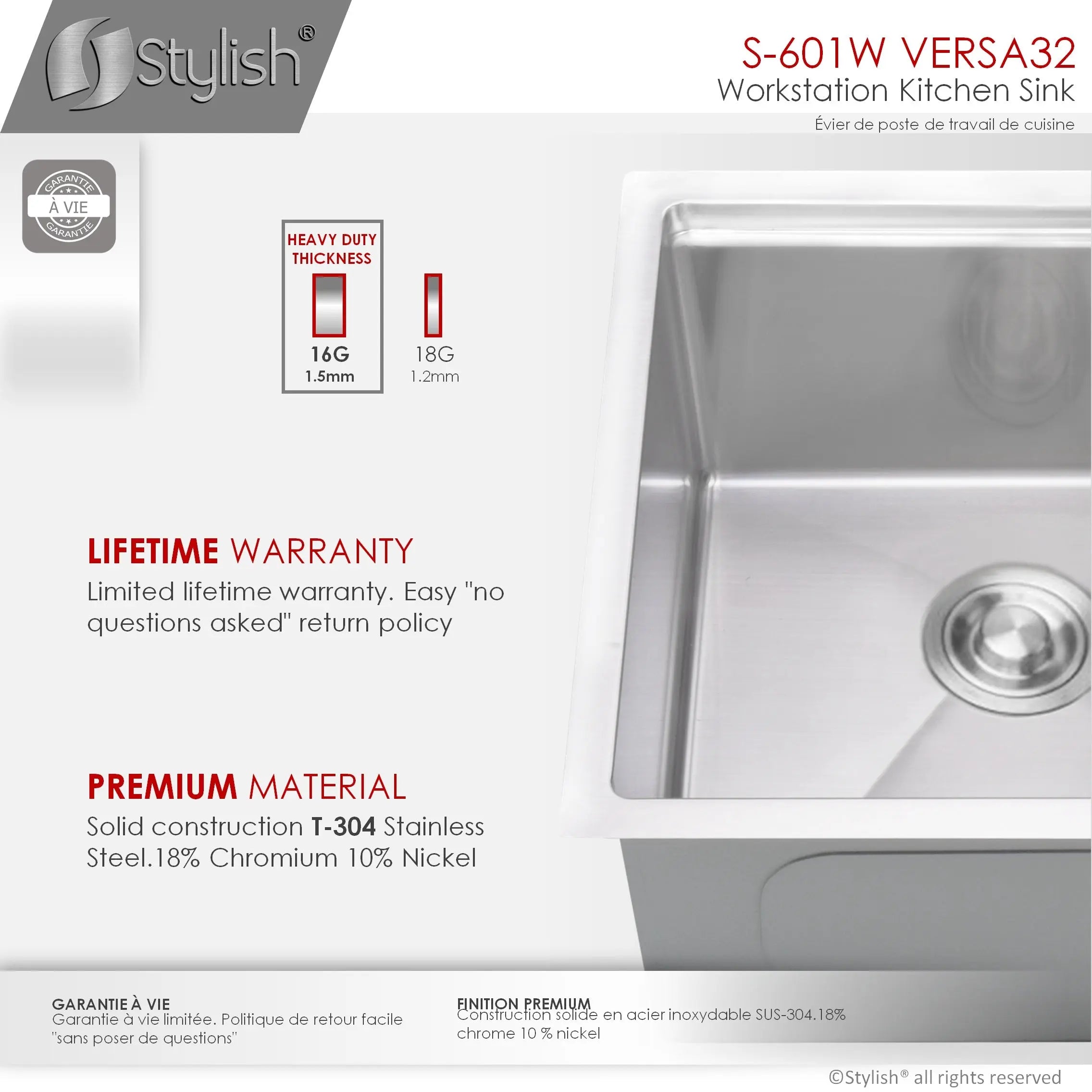 STYLISH 32 inch Workstation Double Bowl Undermount Kitchen Sink with Built in Accessories S-601W - Plumbing Market