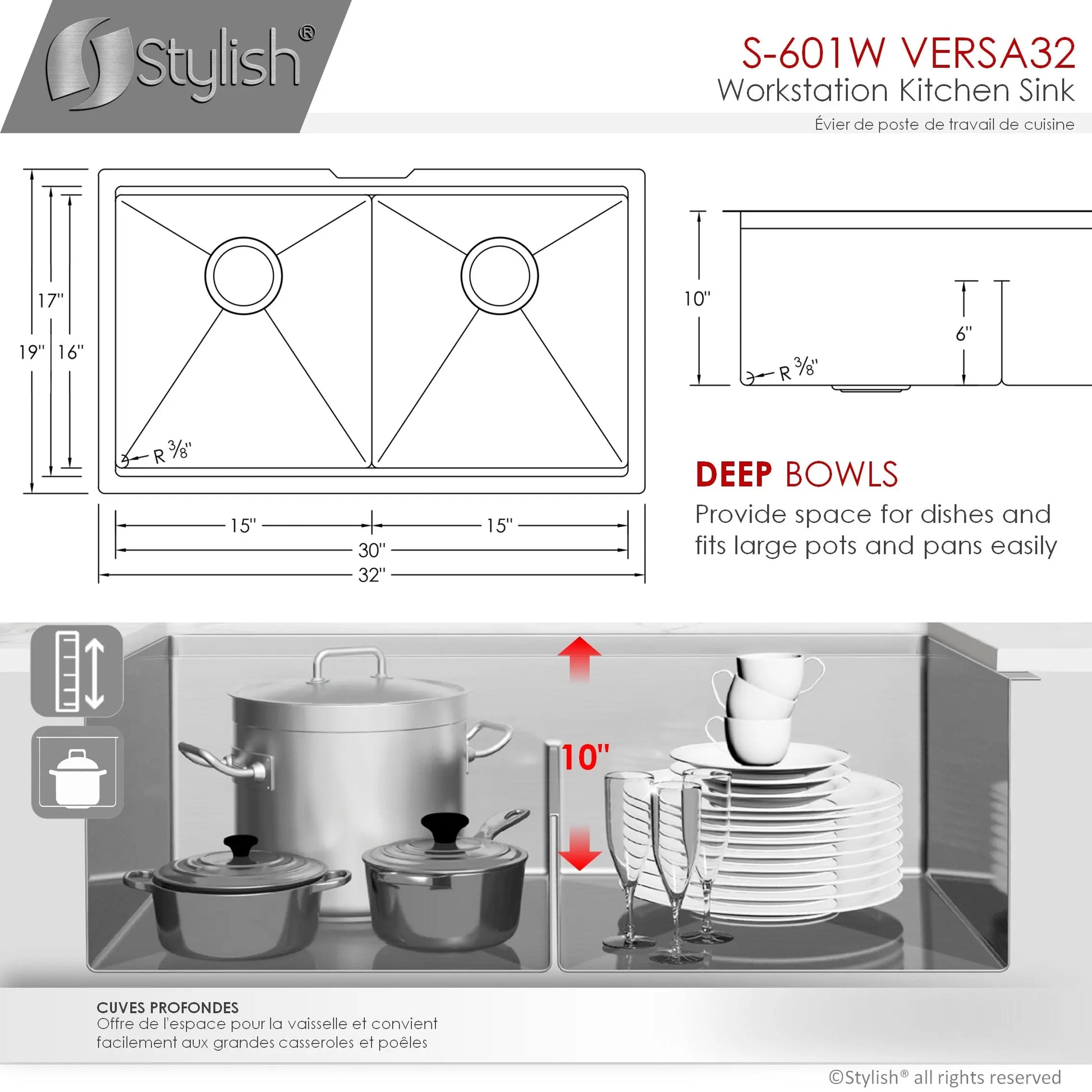 STYLISH 32 inch Workstation Double Bowl Undermount Kitchen Sink with Built in Accessories S-601W - Plumbing Market