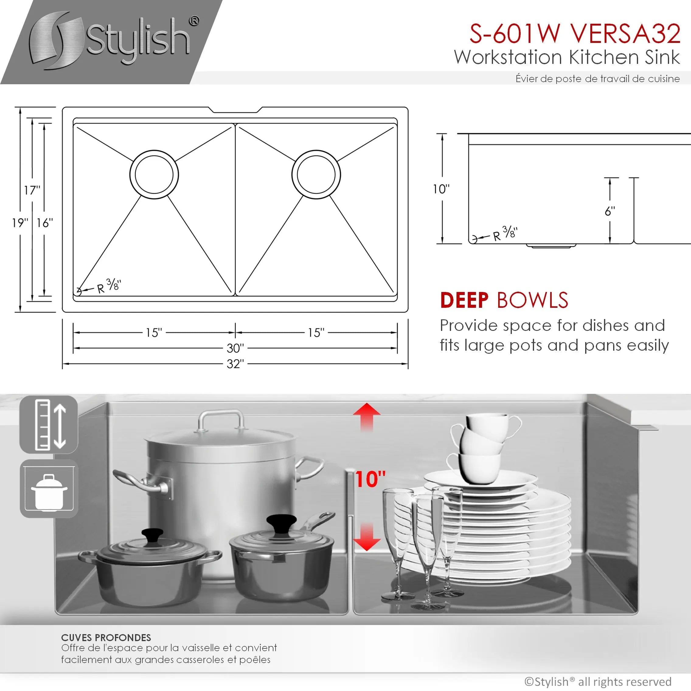 STYLISH 32 inch Workstation Double Bowl Undermount Kitchen Sink with Built in Accessories S-601W - Plumbing Market