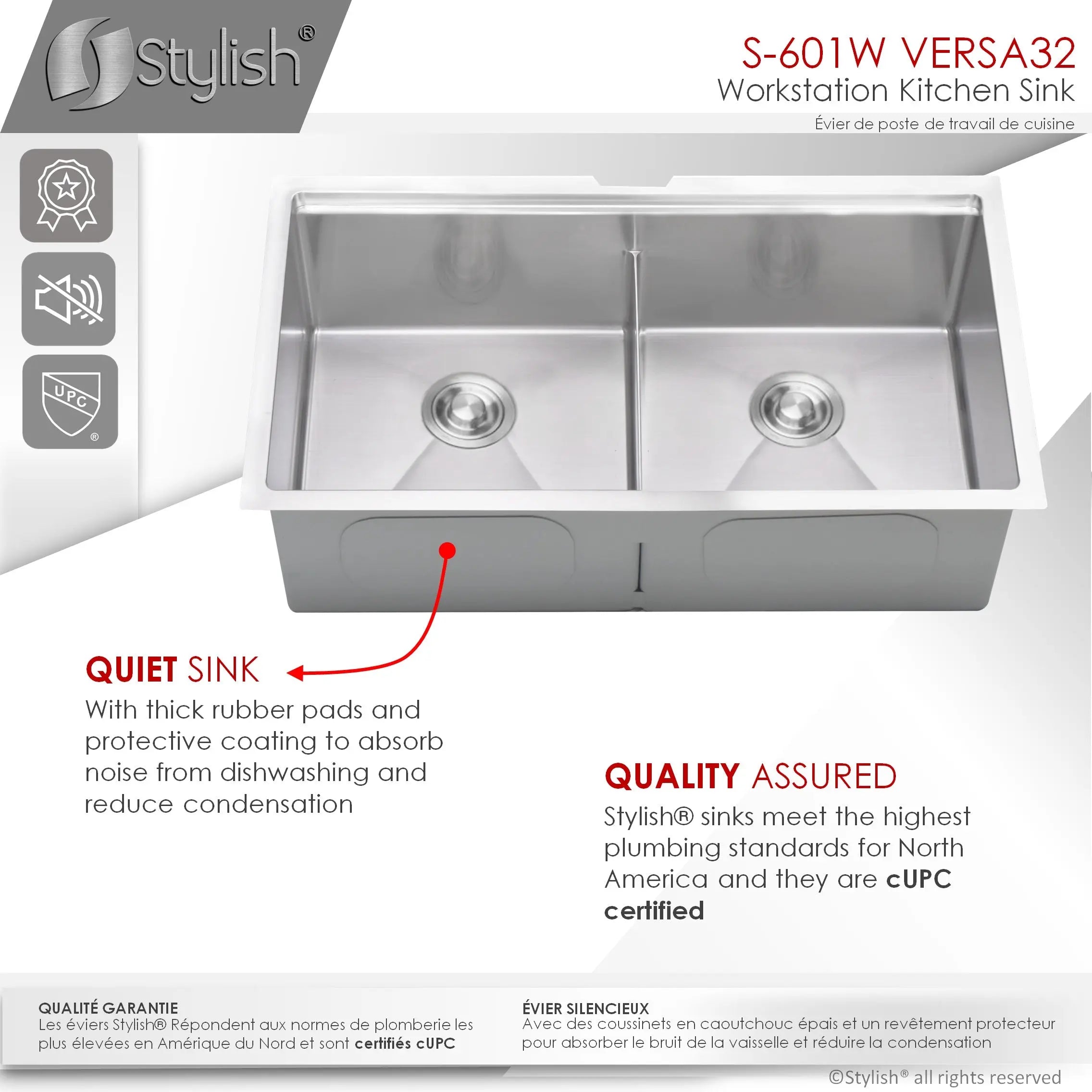STYLISH 32 inch Workstation Double Bowl Undermount Kitchen Sink with Built in Accessories S-601W - Plumbing Market