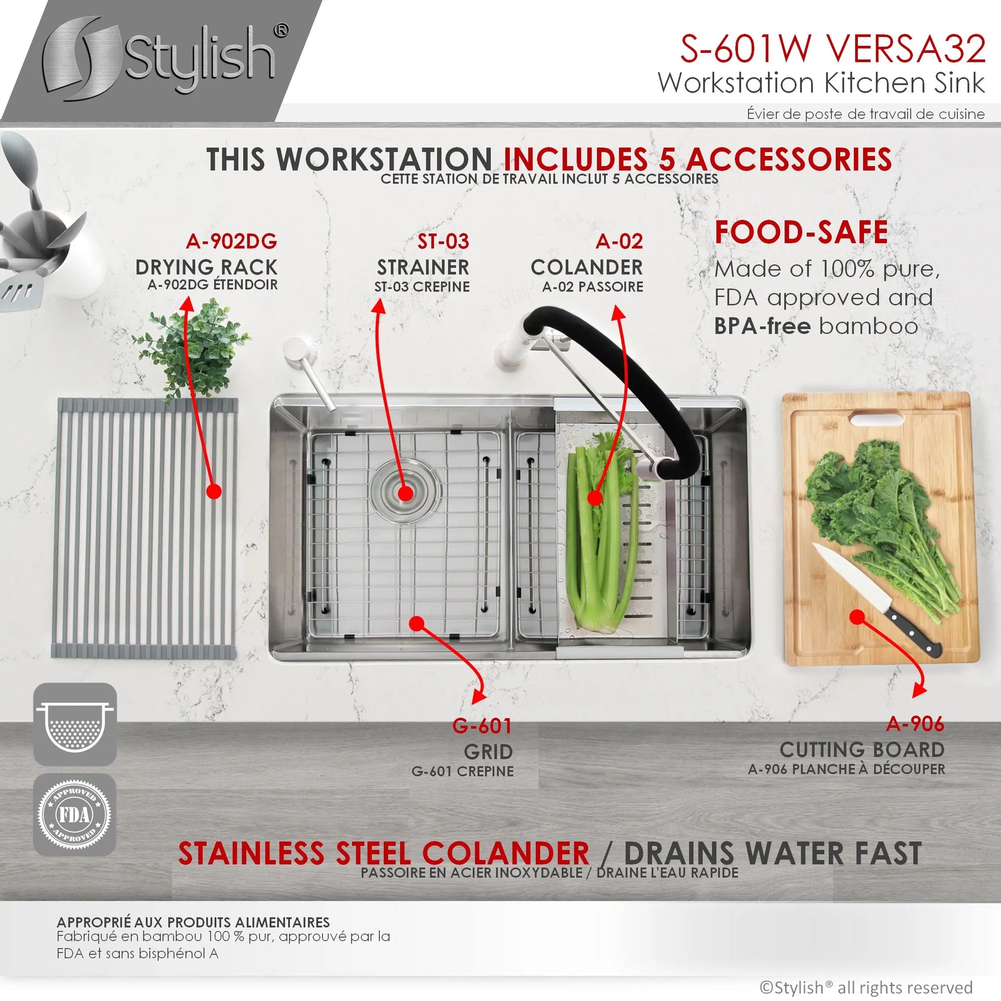 STYLISH 32 inch Workstation Double Bowl Undermount Kitchen Sink with Built in Accessories S-601W - Plumbing Market