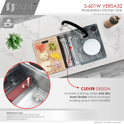 STYLISH 32 inch Workstation Double Bowl Undermount Kitchen Sink with Built in Accessories S-601W - Plumbing Market