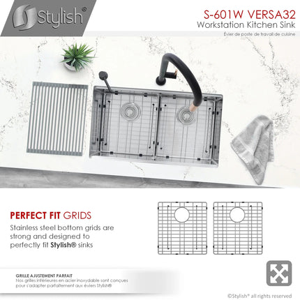 STYLISH 32 inch Workstation Double Bowl Undermount Kitchen Sink with Built in Accessories S-601W - Plumbing Market