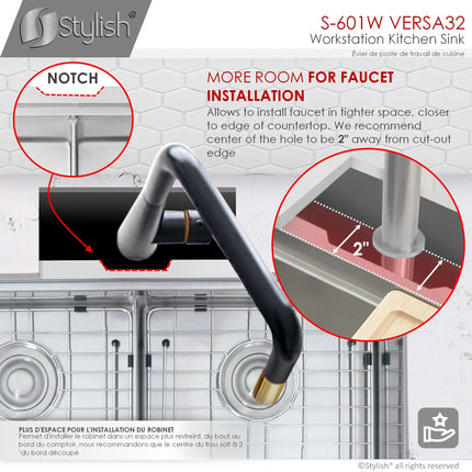 STYLISH 32 inch Workstation Double Bowl Undermount Kitchen Sink with Built in Accessories S-601W - Plumbing Market