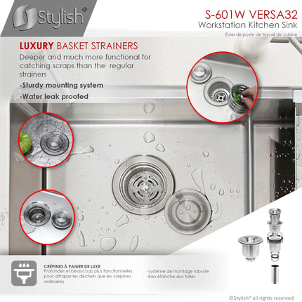 STYLISH 32 inch Workstation Double Bowl Undermount Kitchen Sink with Built in Accessories S-601W - Plumbing Market