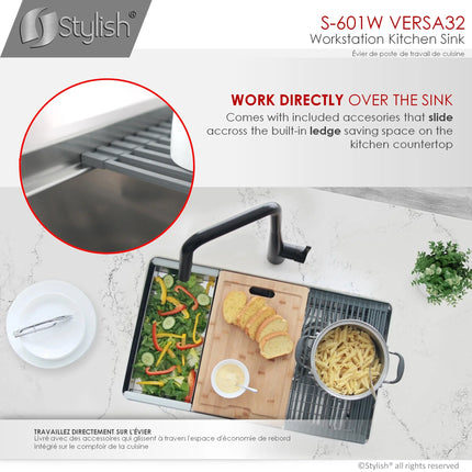 STYLISH 32 inch Workstation Double Bowl Undermount Kitchen Sink with Built in Accessories S-601W - Plumbing Market