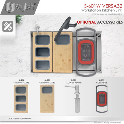 STYLISH 32 inch Workstation Double Bowl Undermount Kitchen Sink with Built in Accessories S-601W - Plumbing Market