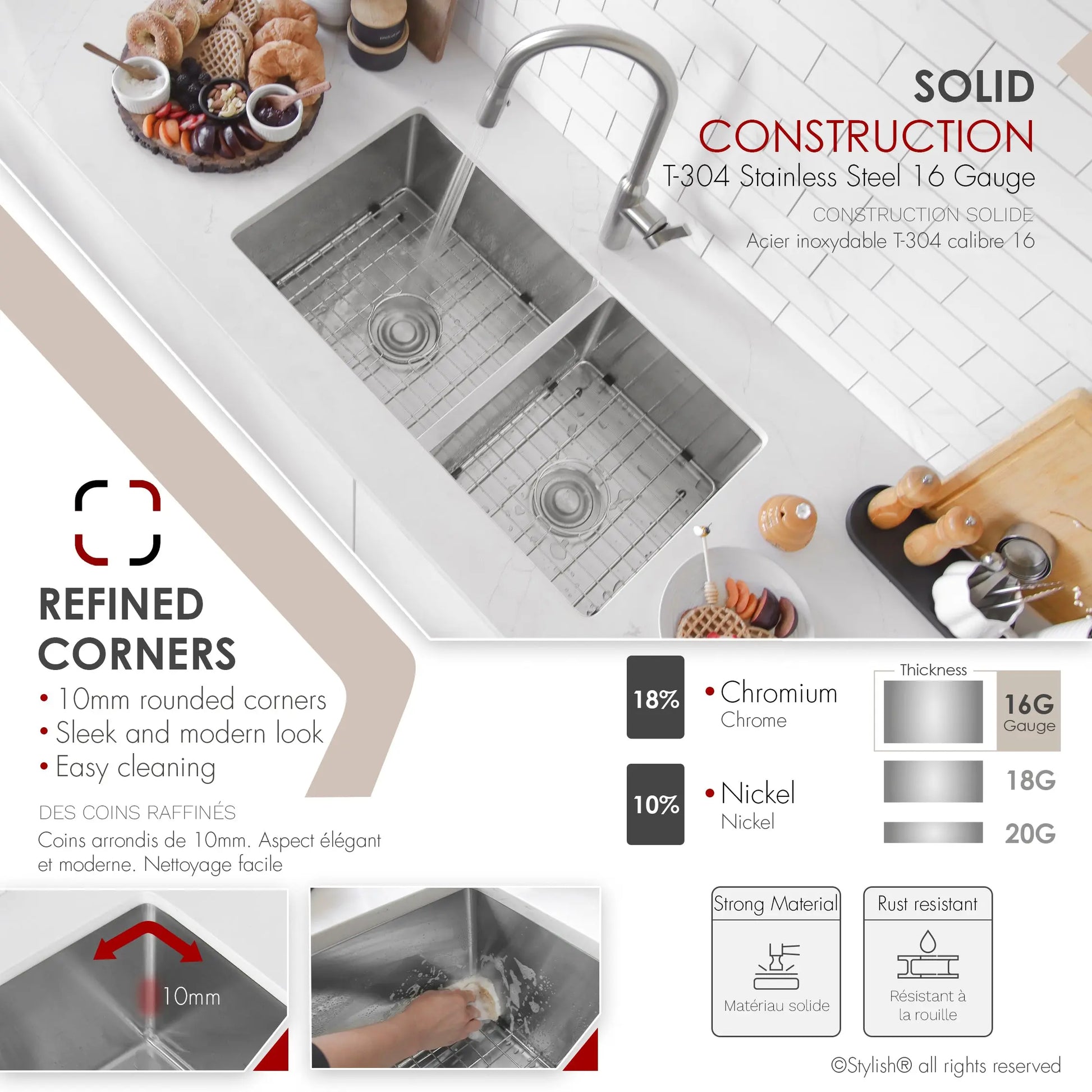 STYLISH 33 inch Double Bowl 60/40 Reversible Undermount  16G Stainless Steel Kitchen Sink S-322XG - Plumbing Market