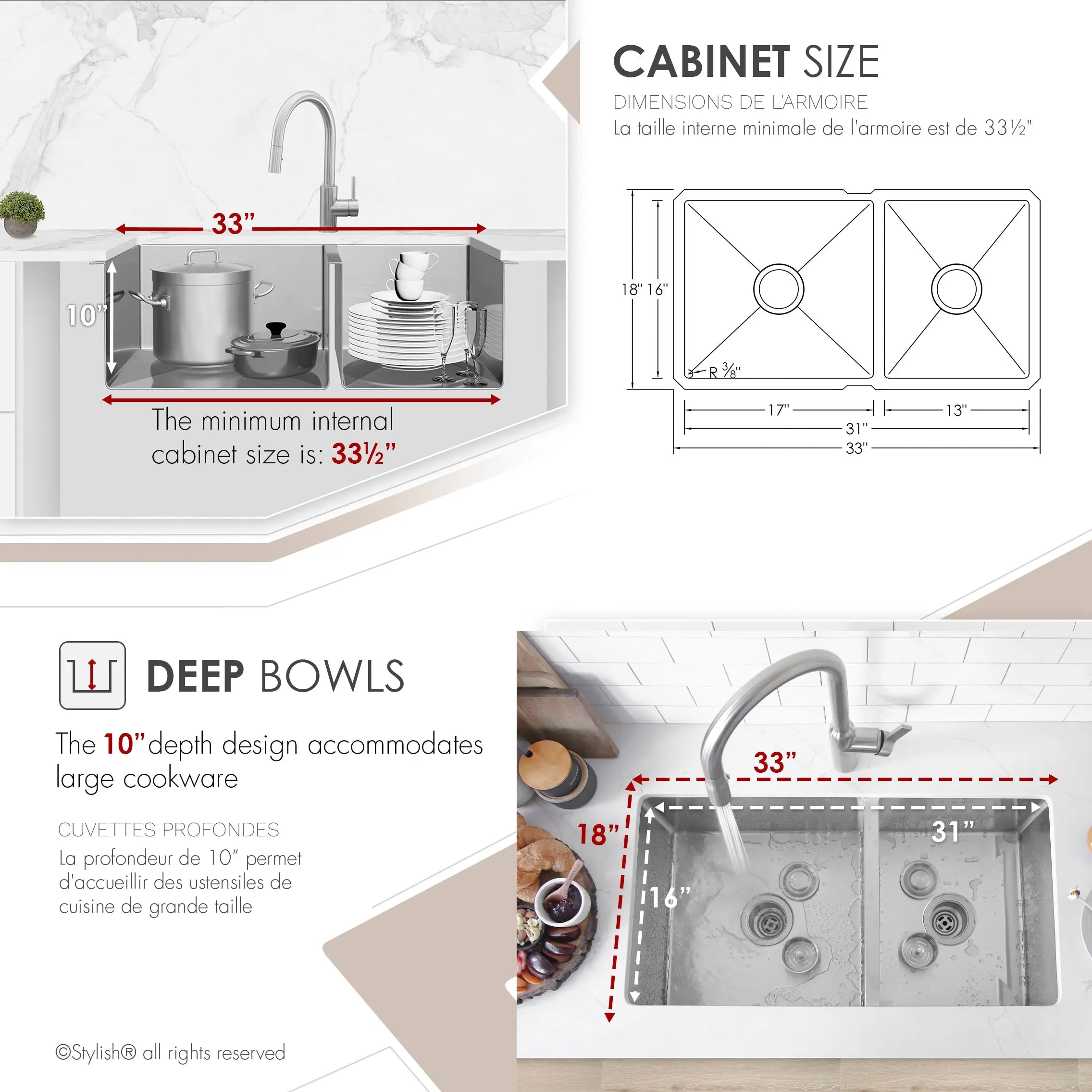 STYLISH 33 inch Double Bowl 60/40 Reversible Undermount  16G Stainless Steel Kitchen Sink S-322XG - Plumbing Market
