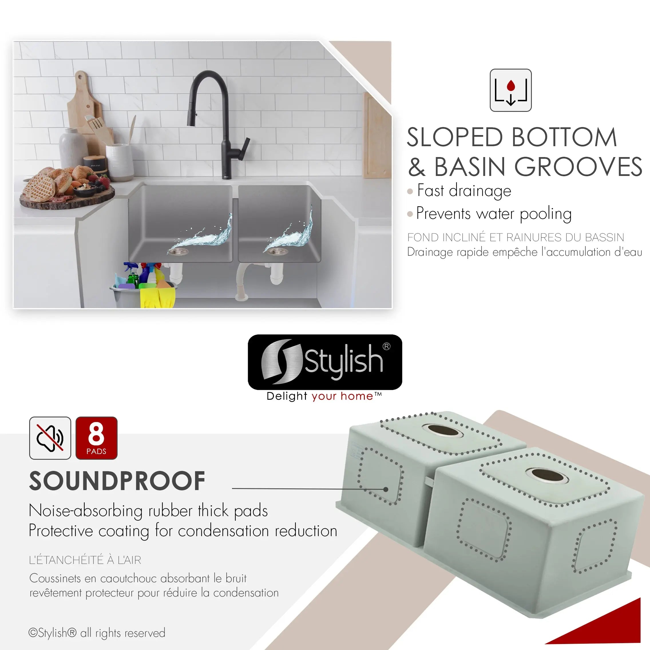STYLISH 33 inch Double Bowl 60/40 Reversible Undermount  16G Stainless Steel Kitchen Sink S-322XG - Plumbing Market
