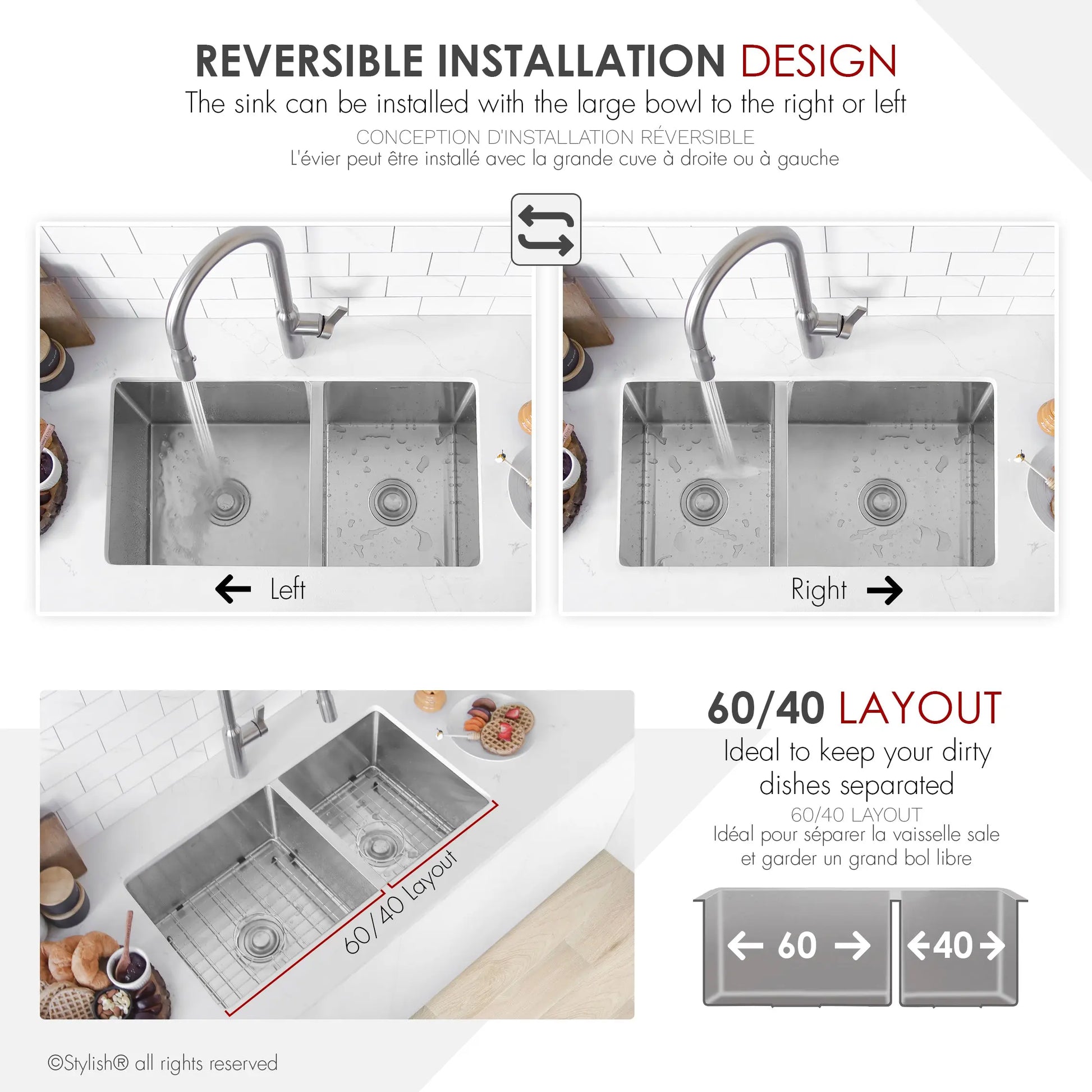 STYLISH 33 inch Double Bowl 60/40 Reversible Undermount  16G Stainless Steel Kitchen Sink S-322XG - Plumbing Market