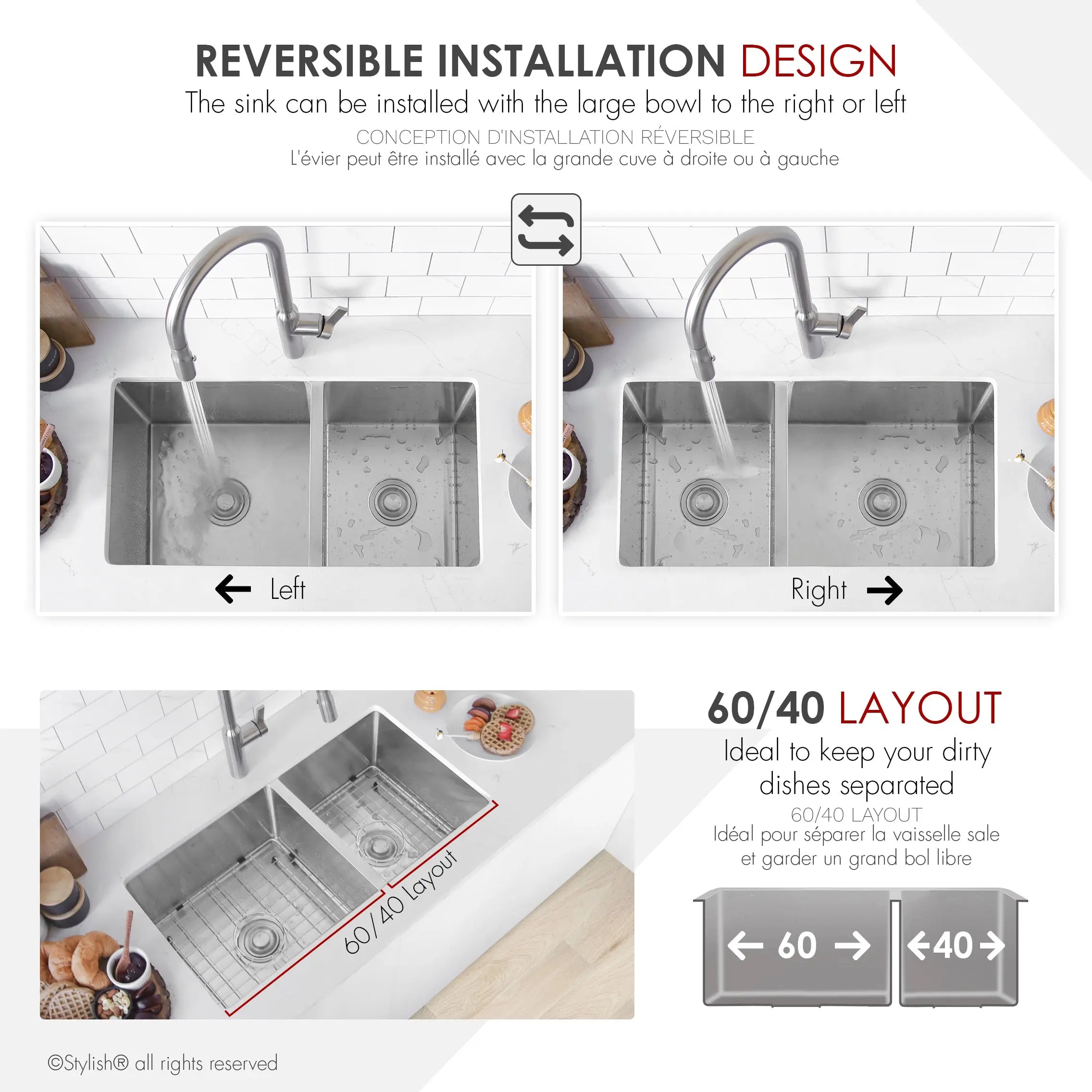 STYLISH 33 inch Double Bowl 60/40 Reversible Undermount  16G Stainless Steel Kitchen Sink S-322XG - Plumbing Market
