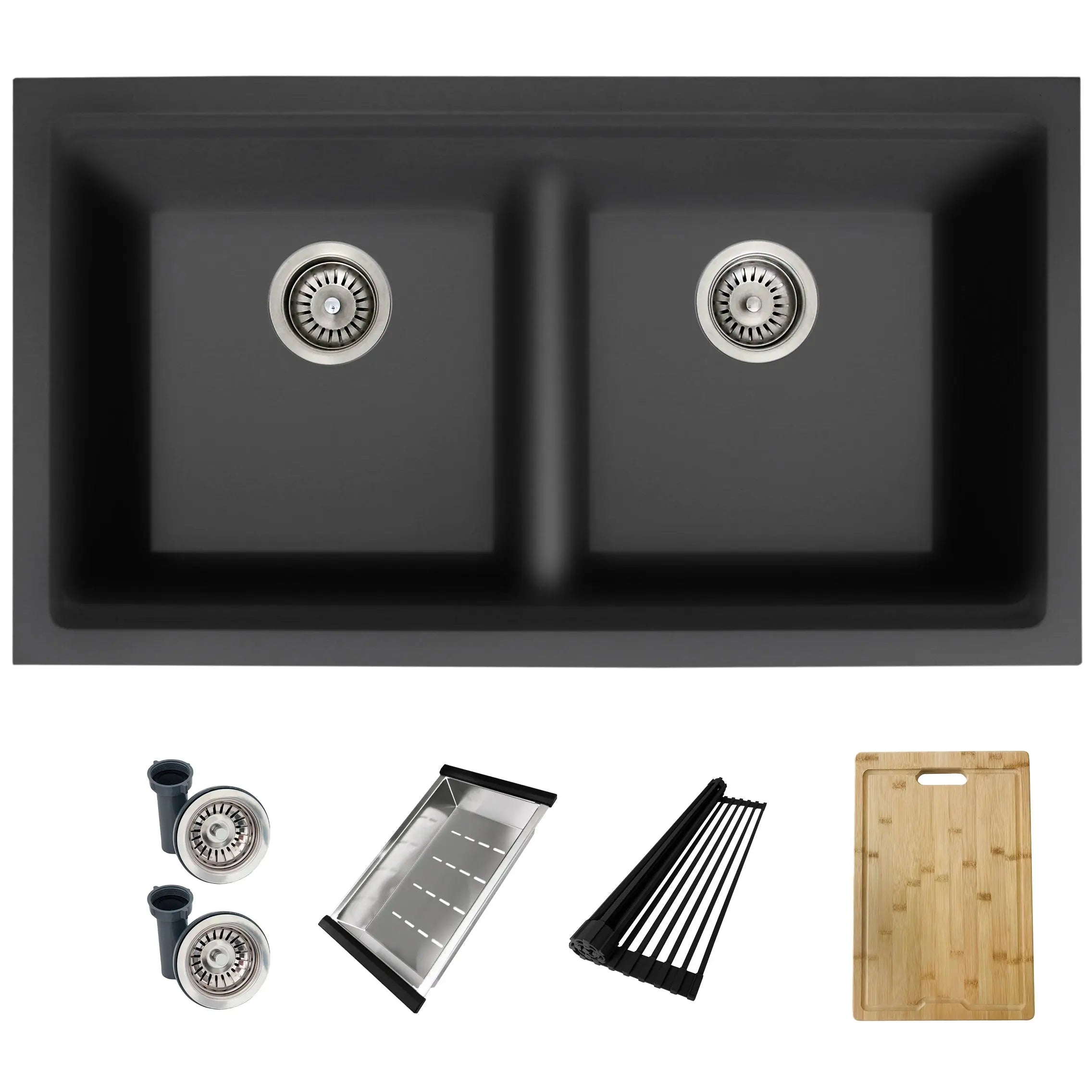 STYLISH 33 inch Dual Mount  Workstation Double Bowl Black Composite Granite Kitchen Sink with Built in Accessories S-833WN - Plumbing Market