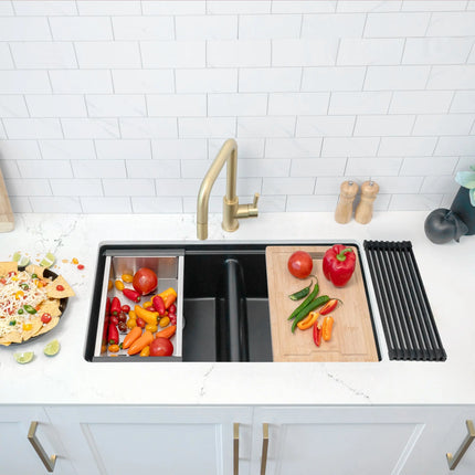 STYLISH 33 inch Dual Mount  Workstation Double Bowl Black Composite Granite Kitchen Sink with Built in Accessories S-833WN - Plumbing Market