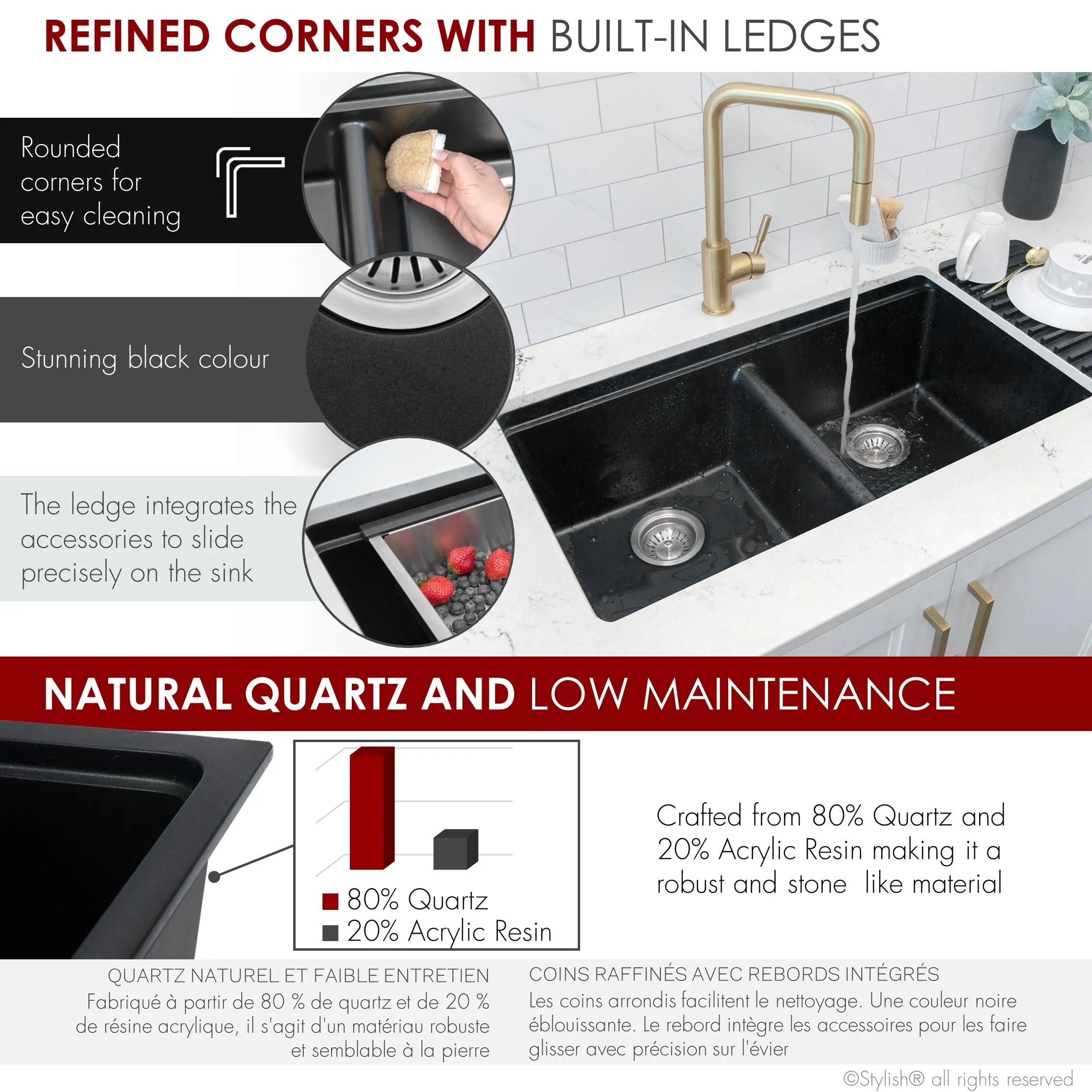 STYLISH 33 inch Dual Mount  Workstation Double Bowl Black Composite Granite Kitchen Sink with Built in Accessories S-833WN - Plumbing Market